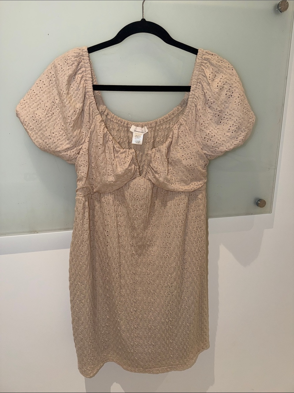 Eyelet Puff Sleeve Mini Dress in Soft Beige